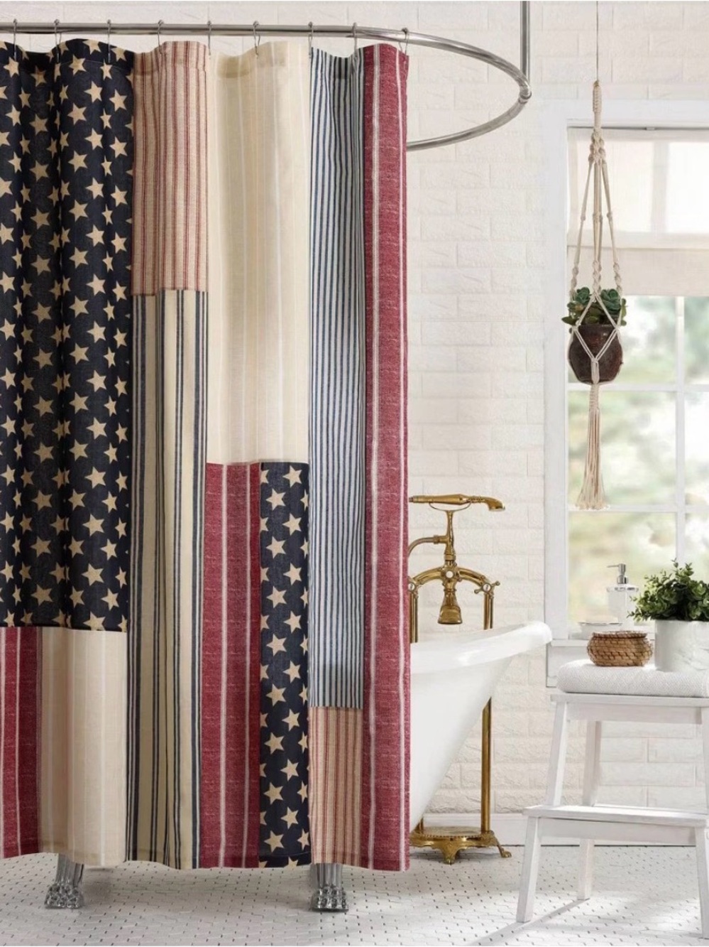 🇺🇸 Americana Shower Curtain - Patchwork Red,Blue &Cream Patriotic Stars &Stripes